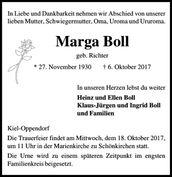 Traueranzeige von Marga Boll von Kieler Nachrichten / Segeberger Zeitung