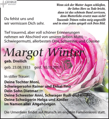 Traueranzeige von Margot Winter von Leipziger Volkszeitung