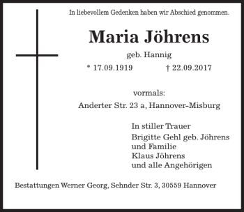 Traueranzeige von Maria Jöhrens von HAZ/NP