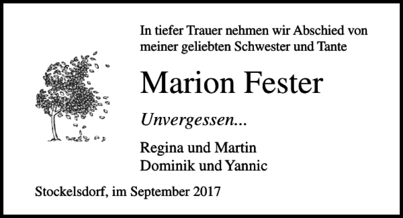  Traueranzeige für Marion Fester vom 01.10.2017 aus Lübecker Nachrichten
