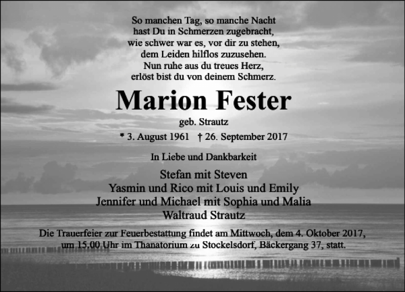  Traueranzeige für Marion Fester vom 01.10.2017 aus Lübecker Nachrichten