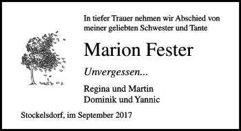 Traueranzeige von Marion Fester von Lübecker Nachrichten