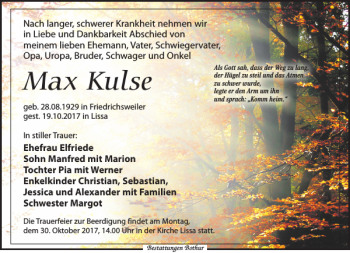 Traueranzeige von Max Kulse von Leipziger Volkszeitung