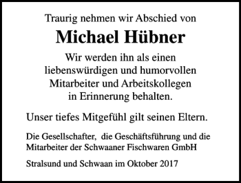 Traueranzeige von Michael Hübner von Ostsee-Zeitung