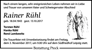 Traueranzeige von Rainer Rühl von Leipziger Volkszeitung