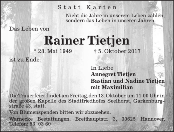 Traueranzeige von Rainer Tietjen von HAZ/NP