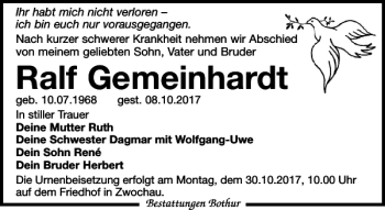 Traueranzeige von Ralf Gemeinhardt von Leipziger Volkszeitung