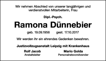 Traueranzeige von Ramona Dünnebier von Leipziger Volkszeitung