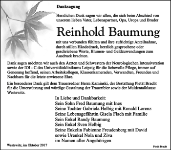 Traueranzeige von Reinhold Baumung von Leipziger Volkszeitung