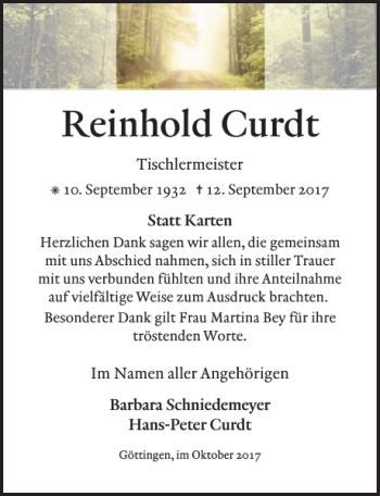 Traueranzeige von Reinhold Curdt von Göttinger Tageblatt