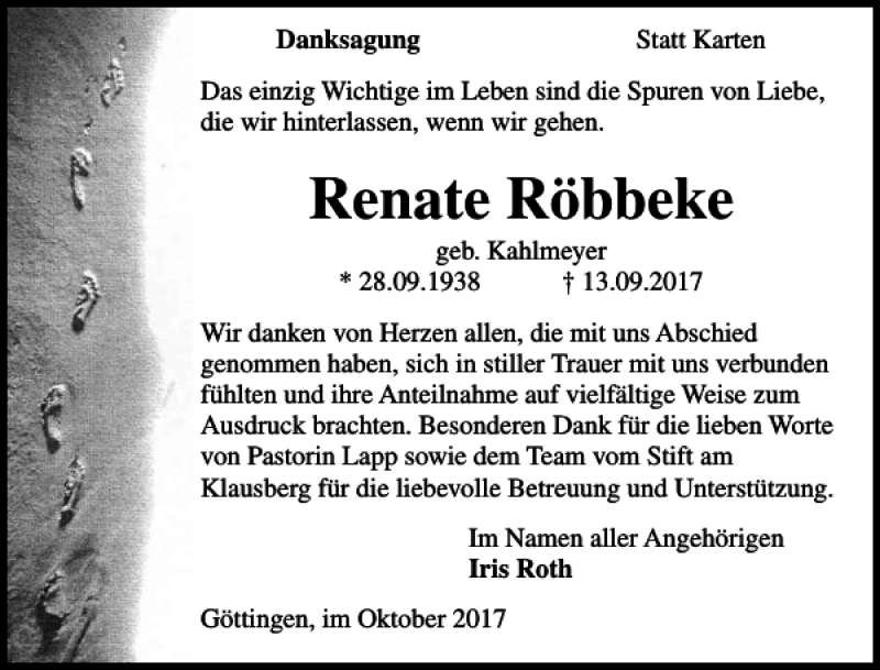  Traueranzeige für Renate Röbbeke vom 14.10.2017 aus Göttinger Tageblatt