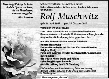 Traueranzeige von Rolf Muschwitz von Leipziger Volkszeitung