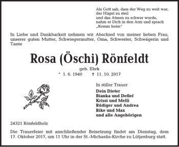 Traueranzeige von Rosa (Öschi) Rönfeldt von Kieler Nachrichten / Segeberger Zeitung