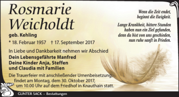 Traueranzeige von Rosmarie Weicholdt von Leipziger Volkszeitung