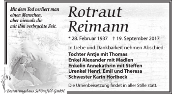 Traueranzeige von Rotraut Reimann von Leipziger Volkszeitung