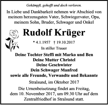 Traueranzeige von Rudolf Krüger von Ostsee-Zeitung