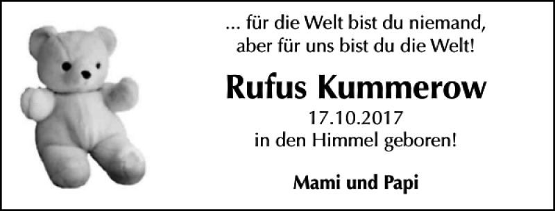  Traueranzeige für Rufus Kummerow vom 21.10.2017 aus MAZ-Trauer.de