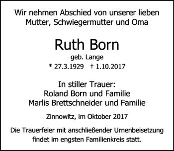Traueranzeige von Ruth Born von Ostsee-Zeitung