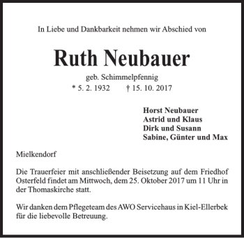 Traueranzeige von Ruth Neubauer von Kieler Nachrichten / Segeberger Zeitung