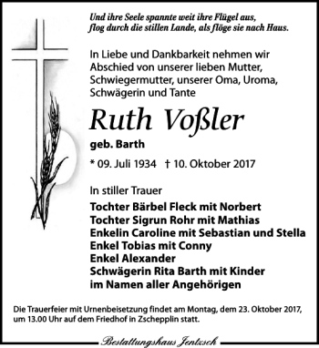 Traueranzeige von Ruth Voßler von Leipziger Volkszeitung