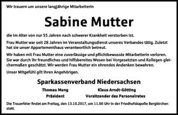 Traueranzeige von Sabine Mutter von HAZ/NP