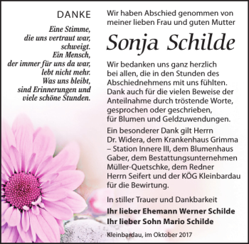 Traueranzeige von Sonja Schilde von Leipziger Volkszeitung