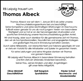 Traueranzeige von Thomas Albeck von Leipziger Volkszeitung