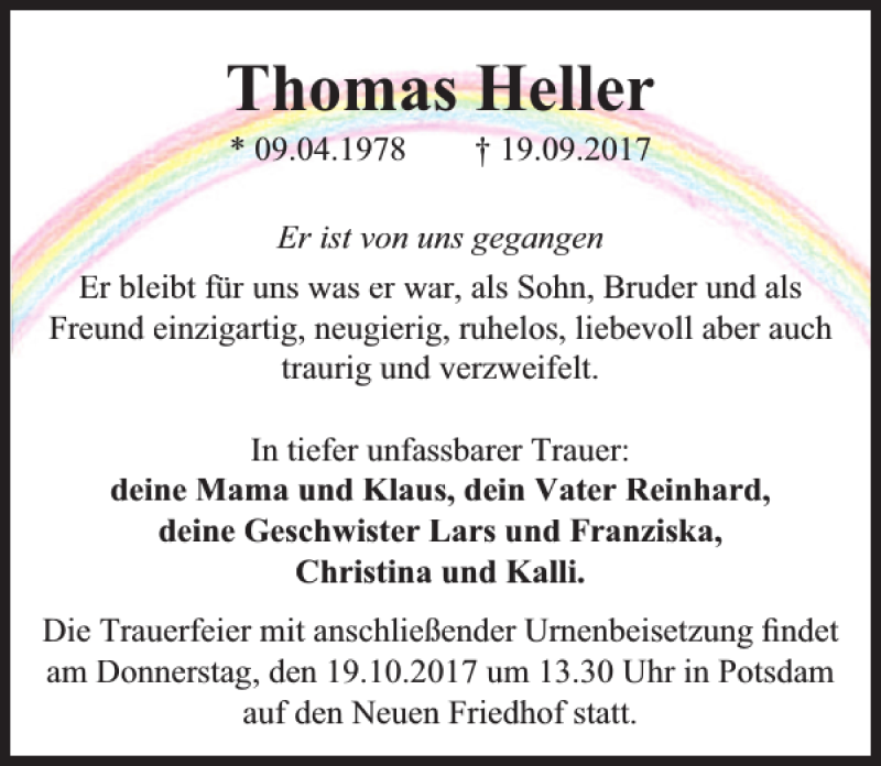  Traueranzeige für Thomas Heller vom 14.10.2017 aus MAZ-Trauer.de