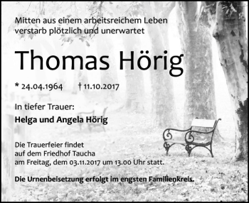 Traueranzeige von Thomas Hörig von Leipziger Volkszeitung