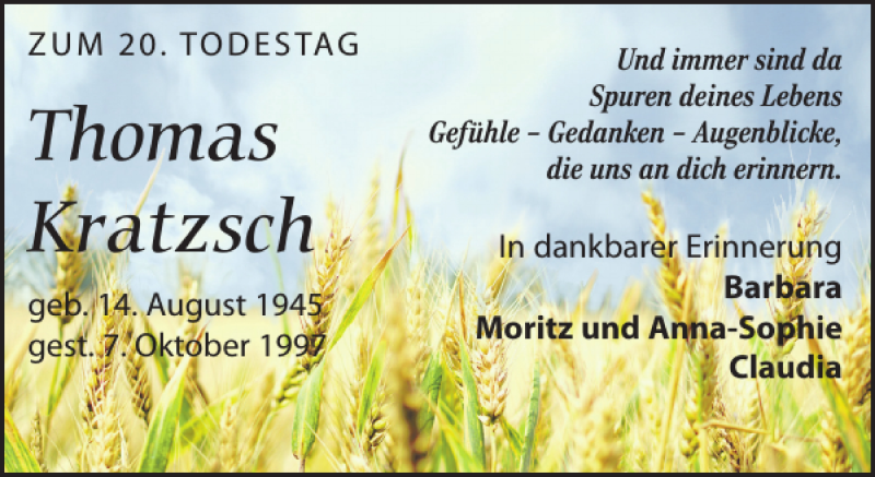  Traueranzeige für Thomas Kratzsch vom 07.10.2017 aus Leipziger Volkszeitung