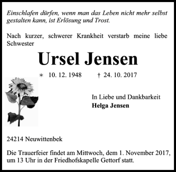 Traueranzeige von Ursel Jensen von Kieler Nachrichten / Segeberger Zeitung
