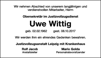 Traueranzeige von Uwe Wittig von Leipziger Volkszeitung