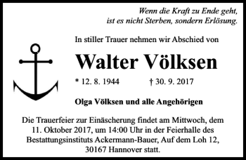 Traueranzeige von Walter Völksen von HAZ/NP