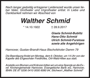 Traueranzeige von Walther Schmid von HAZ/NP