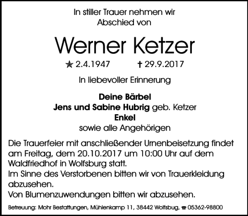  Traueranzeige für Werner Ketzer vom 07.10.2017 aus Aller Zeitung / Wolfsburger Allgemeine