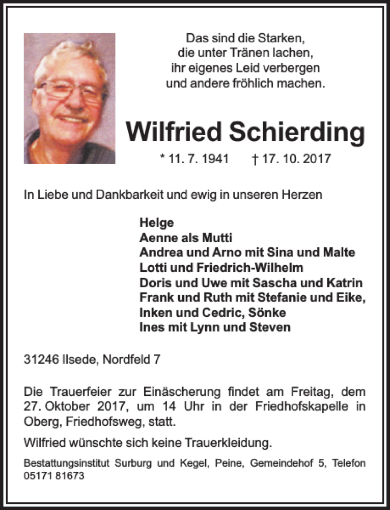  Traueranzeige für Wilfried Schierding vom 25.10.2017 aus Peiner Allgemeine Zeitung