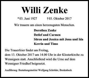 Traueranzeige von Willi Zenke von HAZ/NP