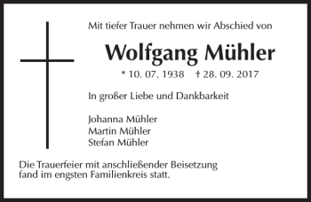 Traueranzeige von Wolfgang Mühler von HAZ/NP