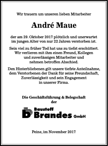 Traueranzeige von André Maue von Peiner Allgemeine Zeitung