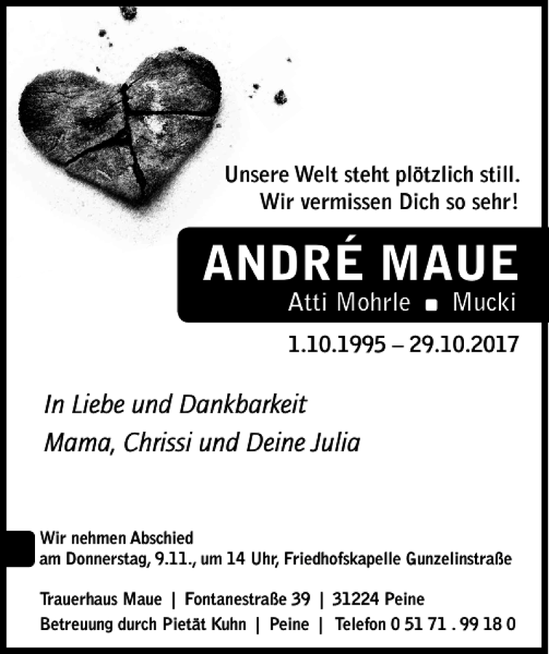  Traueranzeige für André Maue vom 04.11.2017 aus Peiner Allgemeine Zeitung