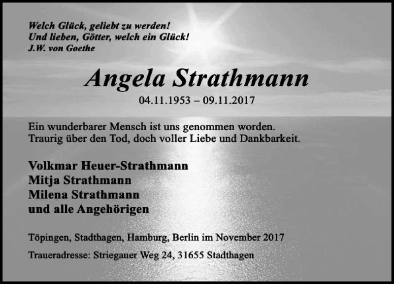  Traueranzeige für Angela Strathmann vom 18.11.2017 aus Schaumburger Nachrichten
