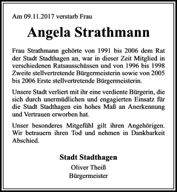 Traueranzeige von Angela Strathmann von Schaumburger Nachrichten
