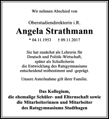 Traueranzeige von Angela Strathmann von Schaumburger Nachrichten