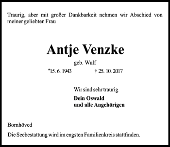 Traueranzeige von Antje Venzke von Kieler Nachrichten / Segeberger Zeitung
