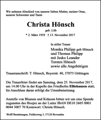 Traueranzeige von Christa Hönsch von Göttinger Tageblatt