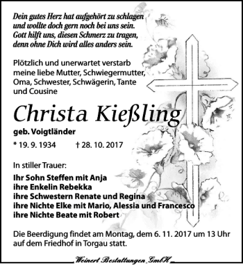 Traueranzeige von Christa Kießling von Torgauer Zeitung
