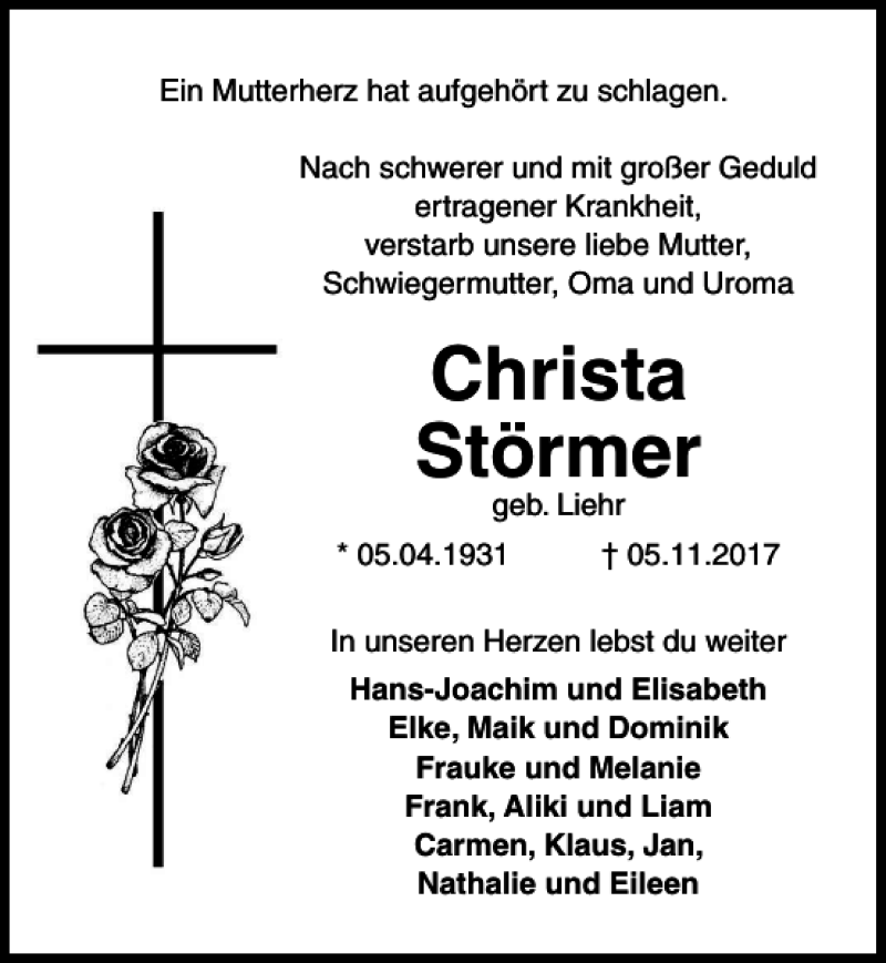  Traueranzeige für Christa Störmer vom 11.11.2017 aus Göttinger Tageblatt
