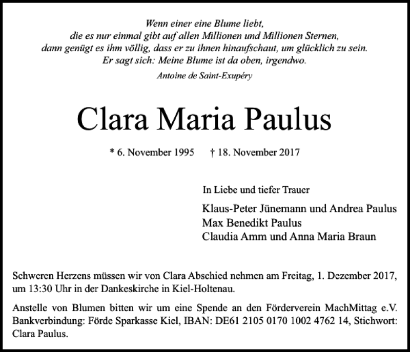  Traueranzeige für Clara Maria Paulus vom 25.11.2017 aus Kieler Nachrichten / Segeberger Zeitung
