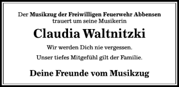 Traueranzeige von Claudia Waltnitzki von Peiner Allgemeine Zeitung