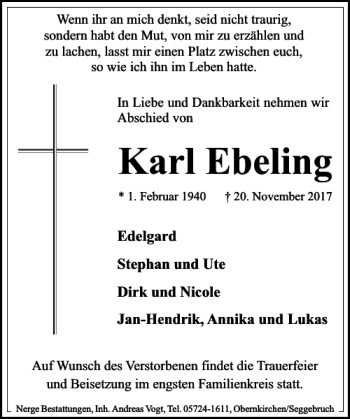 Traueranzeige von Ebeling Karl von Schaumburger Nachrichten